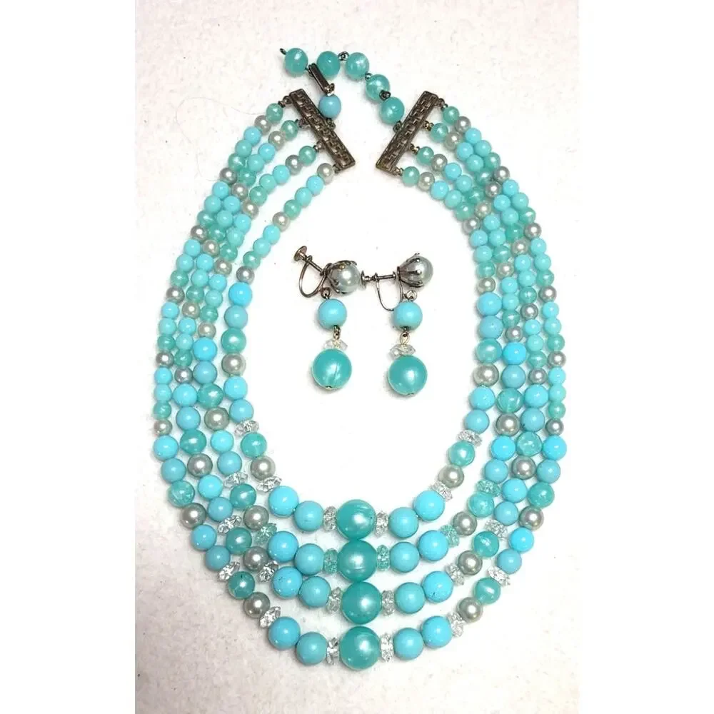 Vintage MCM 4 Strand Turquoise Faux Lucite Bead Necklace Screwback Earrings Set